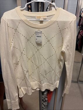 MICHAEL Michael Kors Cream Crewneck Sweater with Gold Accent Stitching